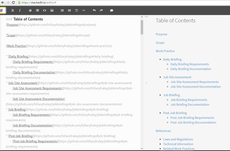 Finished manual table of contents in Markdown on StackEdit